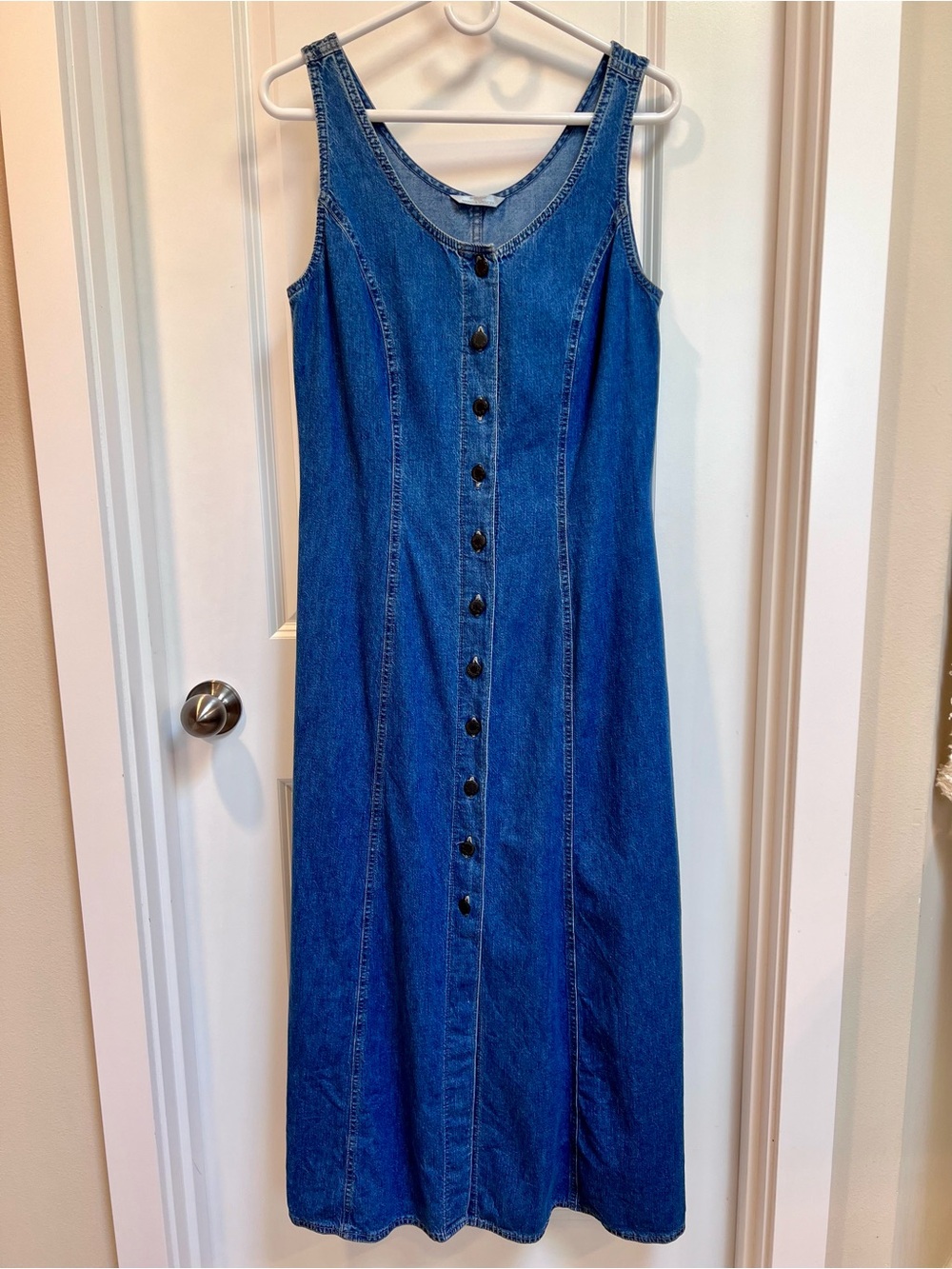 90s Button-Front Sleeveless Denim Midi Dress Sz 8 Vintage Summer Spring